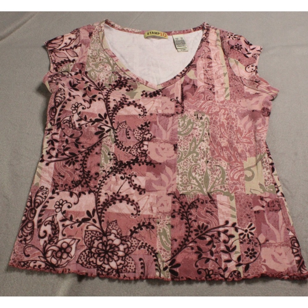Stamp 10 XL Pink Paisley Patchwork Boho V-Neck Top Soft Casual